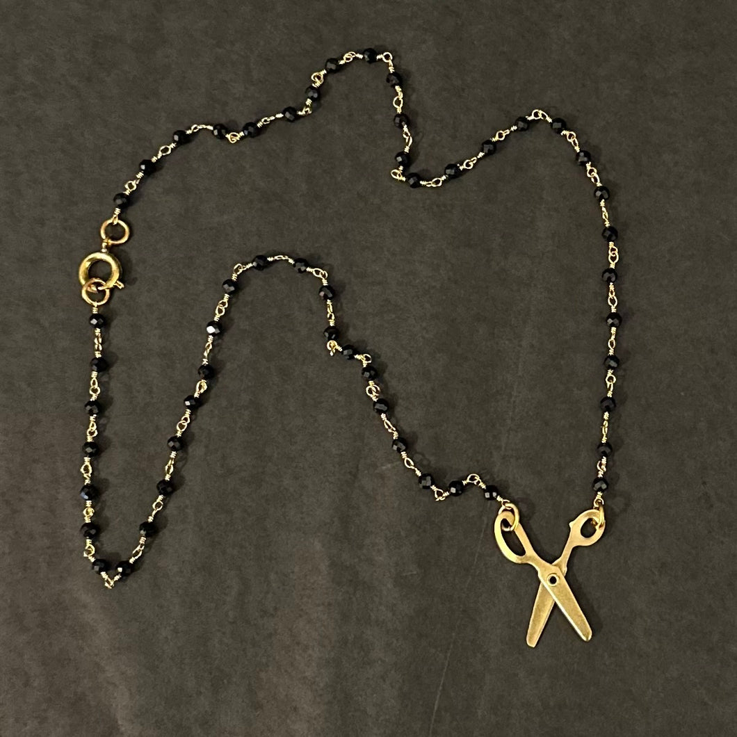 “I CUT” Handmade Black Beaded Scissor Necklace