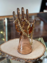 Load image into Gallery viewer, Vintage Peachy Pink Pressed Glass Hand Sculpture | Ring Holder Jewelry Stand

