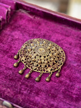 Load image into Gallery viewer, Vintage Circa 1930s Brass Filigree Floral Leaf Oval Brooch with Teardrop Dangle Beads
