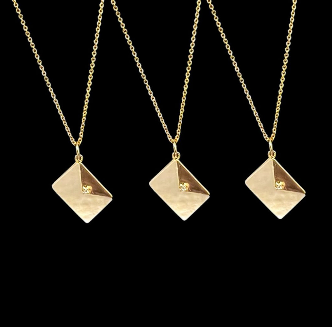 Gold Tone Mother of Pearl Envelope Pendant Necklace